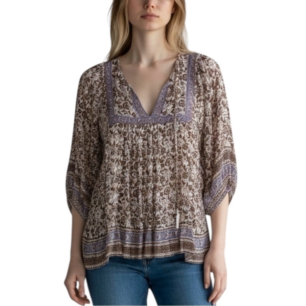 Rachel Zoe Brown and Cream Floral Peasant Blouse 100% soft viscose M